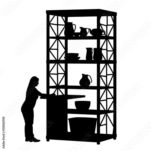Silhouette of shelving unit with folding table, integrated living and storage