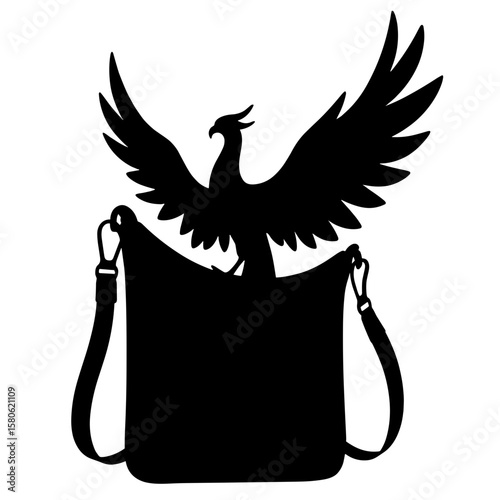 Silhouette of crossbody bag with phoenix rising wings, mythological design, fantasy