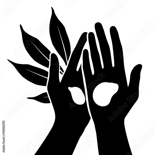 Silhouette of hands applying cream with leaves, eco skincare wellness