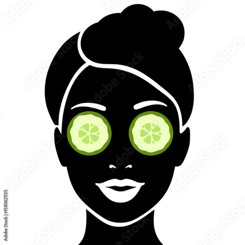 Silhouette of woman with cucumber slices on eyes, skin care relaxation