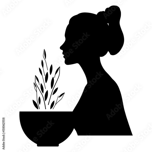 Silhouette of woman doing herbal steam ritual, natural detox and relaxation