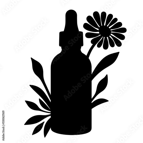 Silhouette of herbal oil bottle with calendula flower, natural skincare remedy