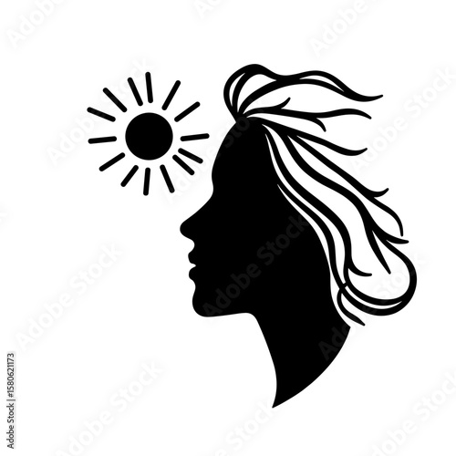 Silhouette face with sun icon, morning freshness and awakening concept, copyspace