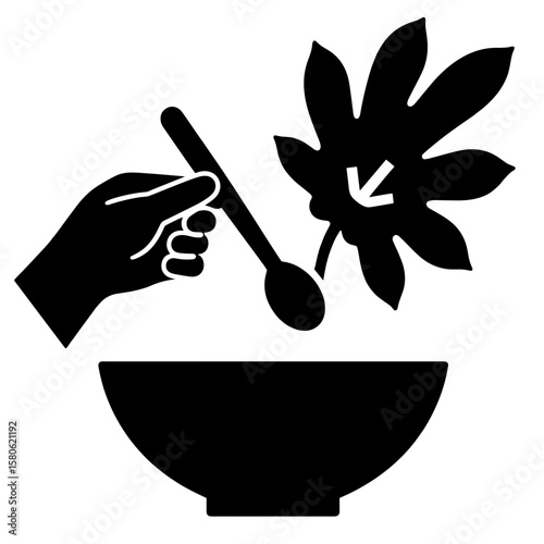 Silhouette hand stirring bowl and leaf with spoon, DIY beauty skincare ritual