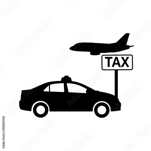 Silhouette of taxi, airplane, and taxi sign on white background, travel and transport concept