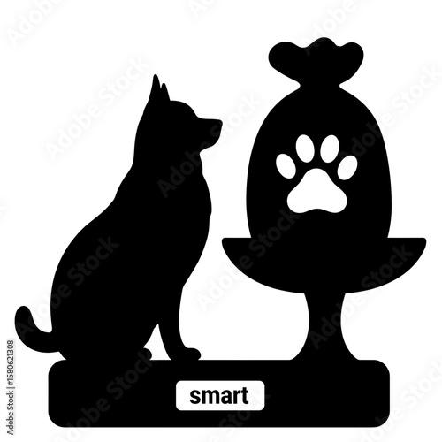 Silhouette of dog with paw print food scale, pet nutrition monitoring