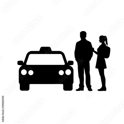 Silhouette of taxi picking up travelers, urban transportation concept