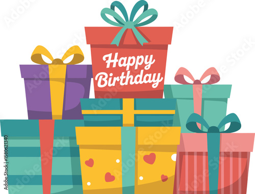 stack of colorful birthday gift boxes with festive bows, topped with happy birthday text on red box, vibrant celebratory background