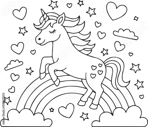 Cute unicorn with rainbow hearts and stars for coloring book page