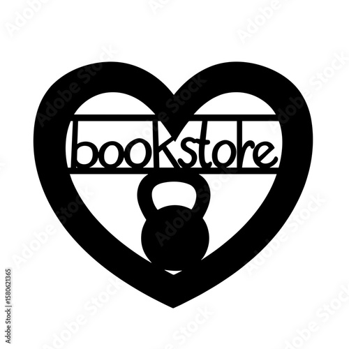 Silhouette bookstore sign with kettlebell and heart, wellness reading symbol