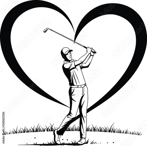 Passionate Golfer Swinging Club in Heart Silhouette on Green Grass, A Symbol of Love and Dedication