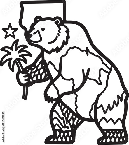 California grizzly bear holding palm tree and star silhouette vector illustration