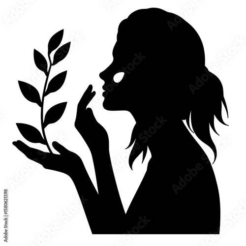 Silhouette woman with flower applying cream, skincare natural beauty routine