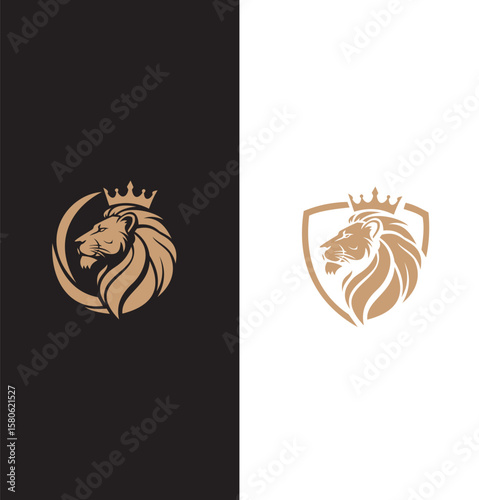 A sophisticated logo design featuring a regal lion's head adorned with a crown, presented in a sleek dual-color scheme. The lion is depicted in gold on both black and white backgrounds, symbolizing st