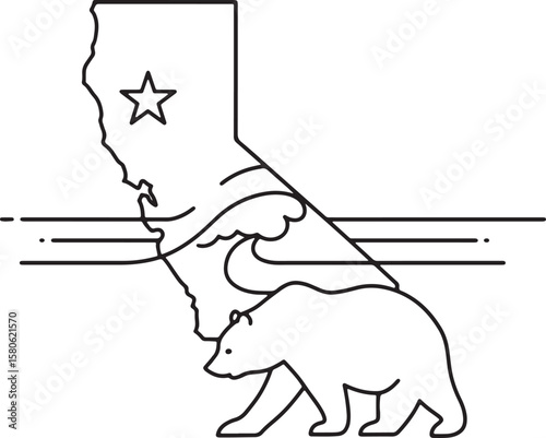 California state symbols illustrated in simple line art with the grizzly bear and ocean waves