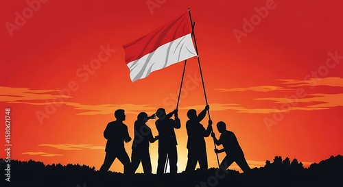Silhouetted figures raise Indonesian flag at sunset, symbolizing national pride and unity.
