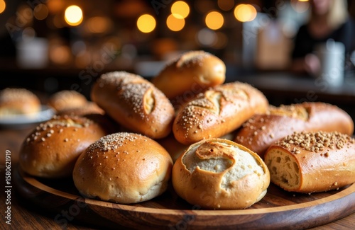 Assorted freshly baked bread rolls on a wooden serving tray in a cozy bakery setting