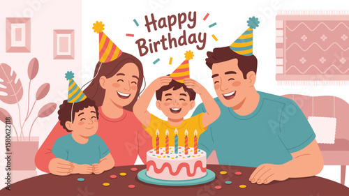 family birthday celebration with child in party hat blowing candles on cake, surrounded by cheerful relatives and festive home decor