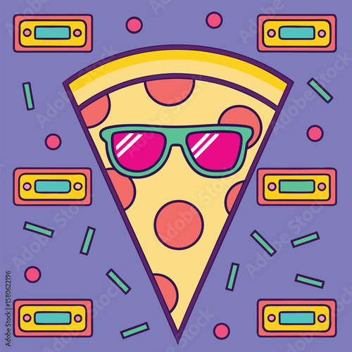 Cool pizza slice with sunglasses and retro elements vintage