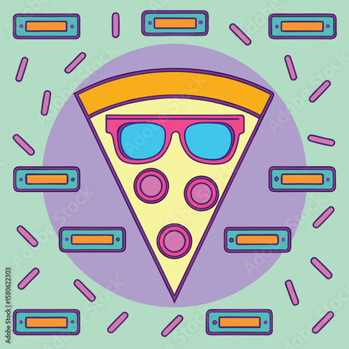 Cool pizza slice with sunglasses and retro elements 1980s