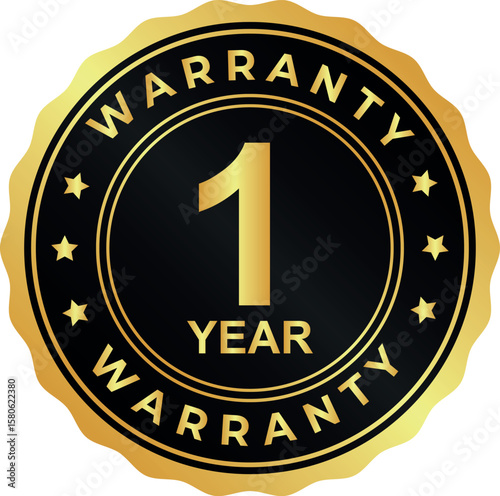 gold one year warranty badge with bold number 1 on round stamp design
