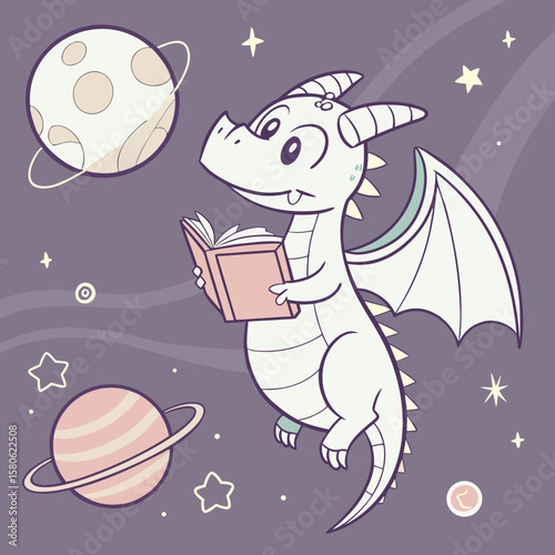 Cute dragon reading a book in outer space with planets and stars vector