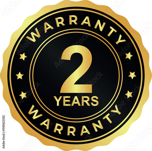 gold two year warranty badge with bold number 2 on round stamp design