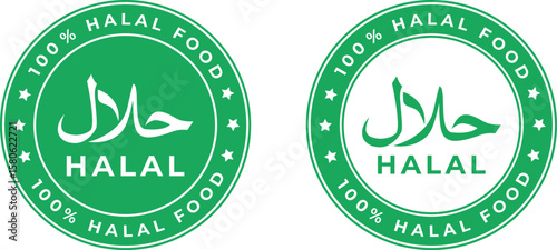 green circular halal food label with arabic text and 100 percent certified badge