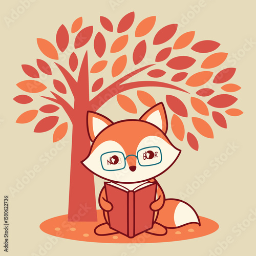 Cute fox reading book under autumn tree glasses