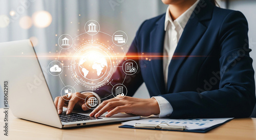  Global Finance & Digital Business: Businesswoman on Laptop Managing Worldwide Banking, Cloud Computing, Data Networks, and Secure Online Transactions