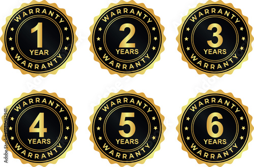 set of 1 to 6 year gold circular warranty badges with bold text design