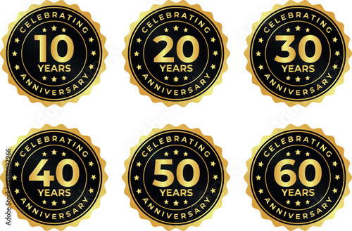set of 10 to 60 years anniversary round badges with stars for milestone branding