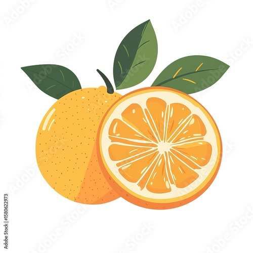 Orange fruit and an orange half with leaves
