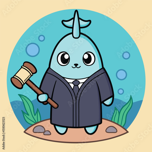 Cute narwhal in judge attire holding gavel courtroom aquatic