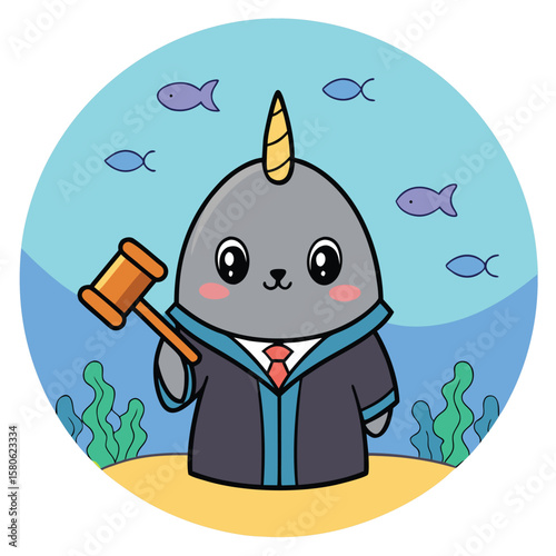 Cute narwhal wearing judge robe holding gavel underwater ocean