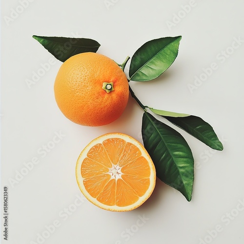 Orange fruit and an orange half with leaves