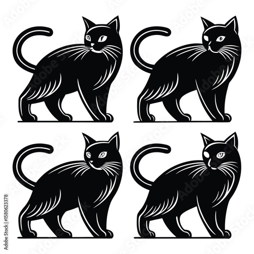 Four black cats walking in silhouette