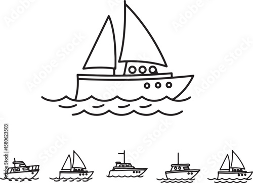Illustrated line art of various boats and vessels sailing on a wavy ocean