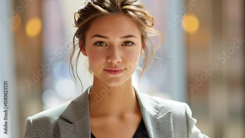 Confident young woman with brown hair and green eyes poses in modern urban setting, showcasing professional demeanor and style during daylight