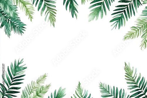 White background with green leaves at the top
