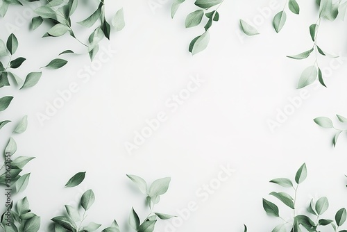 White background with green leaves at the top