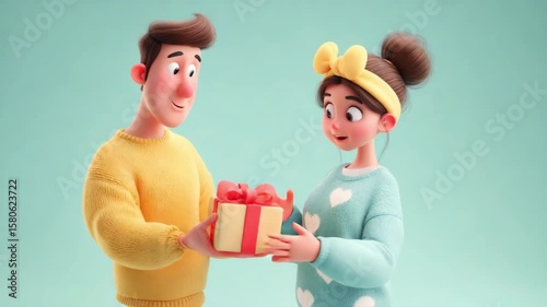 Happy male and female characters presenting a gift. woman and a man exchanging gifts. Christmas, Birthday, or any holiday concept. Happy friends or romantic couple
