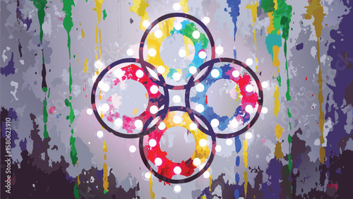 Abstract painting featuring four interconnected circles filled with colorful dots and paint drips background