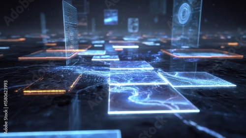 A captivating scene of illuminated floating holographic shapes depicting various digital interfaces and data patterns portraying an advanced representation of virtual landscapes and