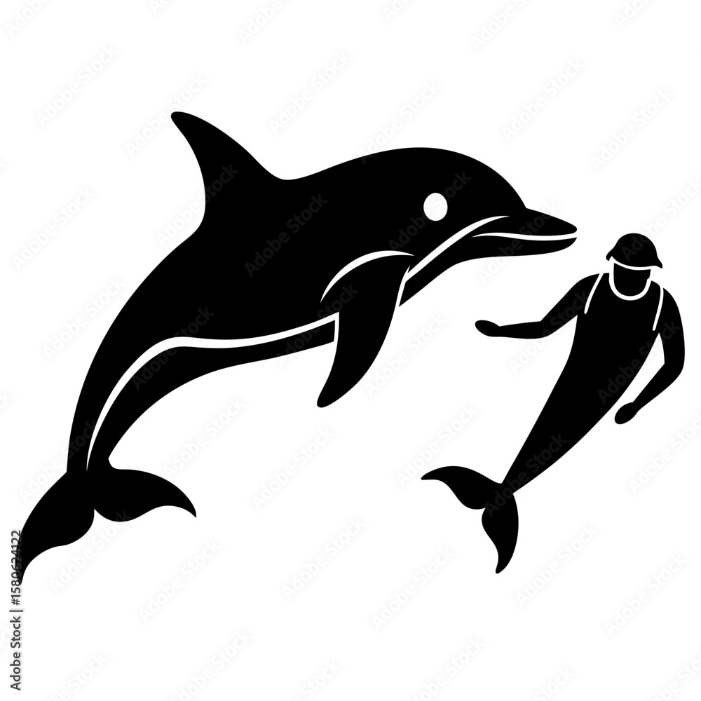 Obraz premium Dolphin and human figure jumping silhouette vector illustration