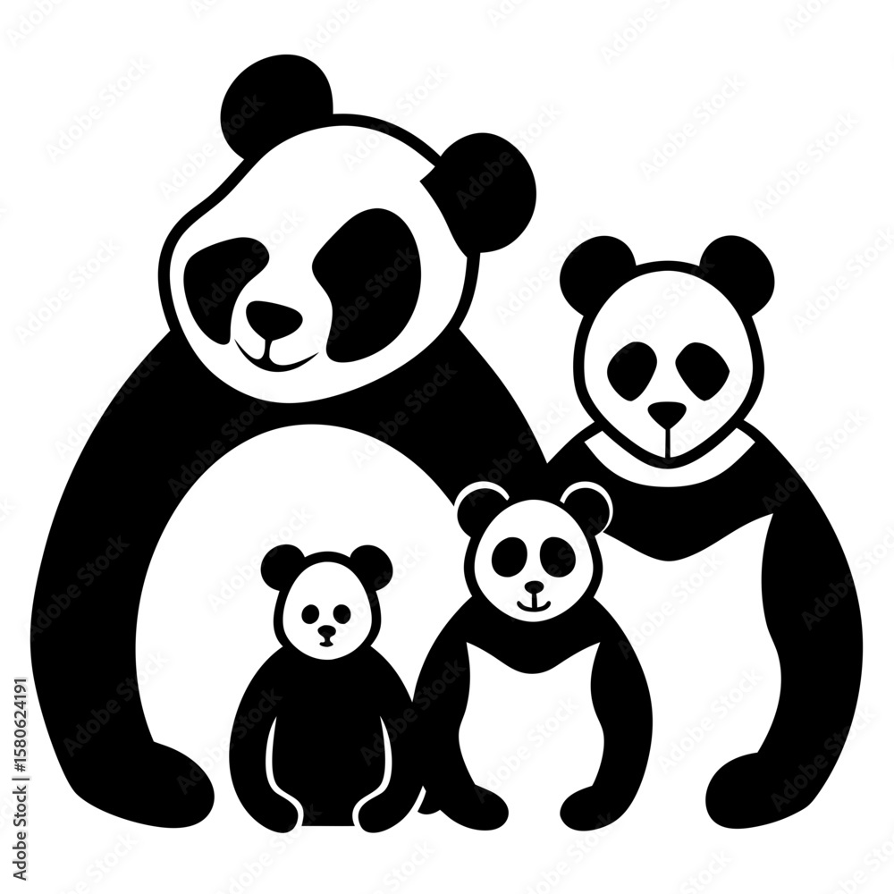 Naklejka premium Family of pandas standing together silhouette vector illustration