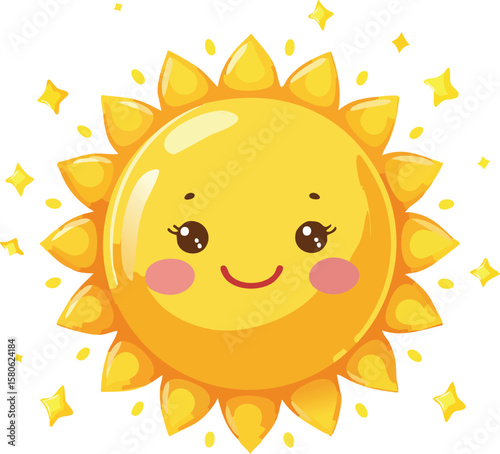 Here's a cheerful cartoon sun character, a bright yellow vector illustration of summer fun with a happy, smiling face