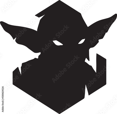 Silhouette of a mysterious creature with pointed ears and intimidating eyes in black and white
