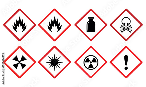 Hazardous Material Warning Symbols Featuring Flames Skull And Crossbones Radiation Trefoil Exclamation Mark Health Hazard Gas Cylinder