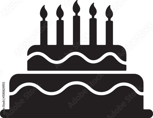 Simple black and white illustration of a two tiered birthday cake with lit candles